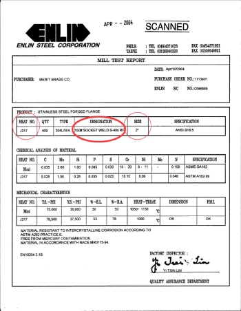 Material Test Report with heat number highlighted